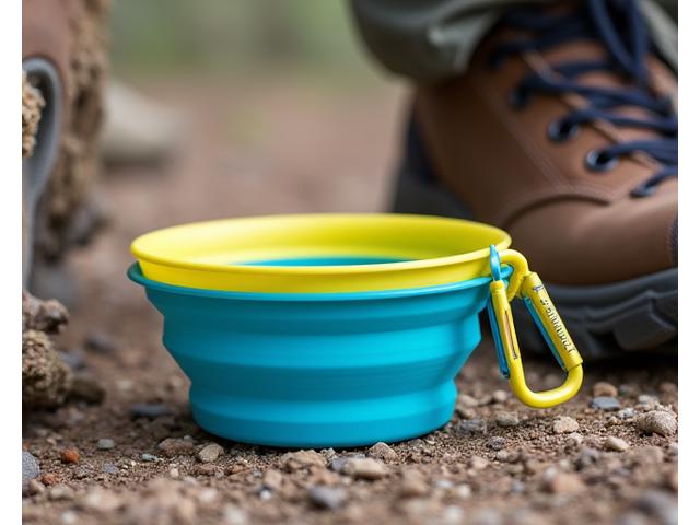Bright blue collapsible silicone travel bowl with carabiner clip.