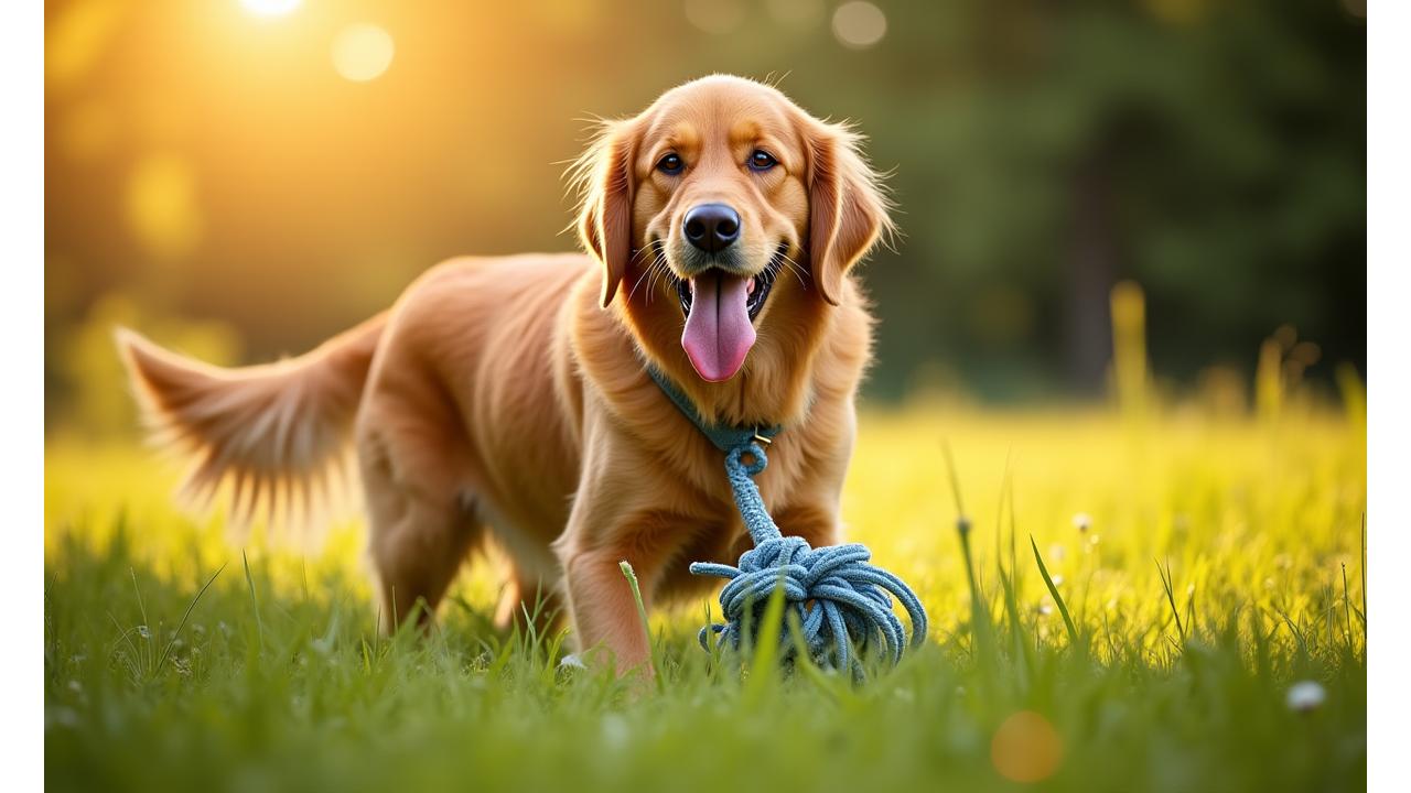 Golden Retriever playing in a sun-dappled meadow with an eco-friendly rope toy and wearing a sustainable collar.