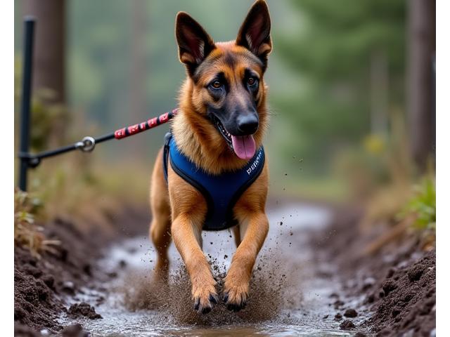 A strong, healthy German Shepherd running through a muddy, forested obstacle course, wearing a PupGear Premium harness. Water splashes, and the dog is mid-stride, demonstrating the gear's performance in challenging conditions. Dynamic action shot.