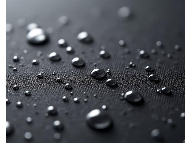 Close-up of water beading up on the surface of a sleek, dark grey dog harness material, emphasizing its water-resistant quality. A few water droplets are visible. The fabric weave is tight and smooth, suggesting durability.