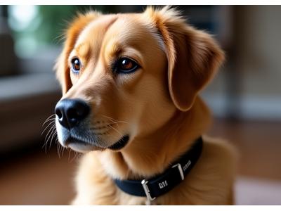 Dog wearing a classic black collar with their name 'Buddy' embroidered in white.