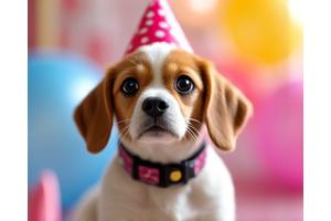 Dog wearing a birthday-themed personalized collar with a small party hat.
